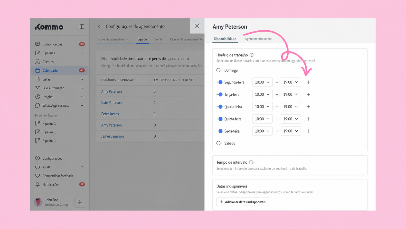 Scheduling settings for Amy Peterson, including work hours and availability options.